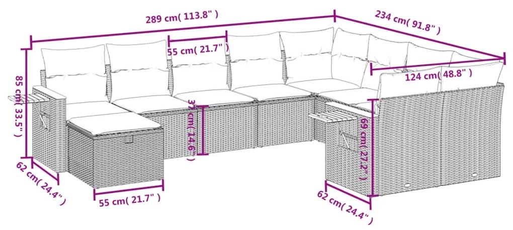 Set Divani da Giardino 10pz con Cuscini in Polyrattan Nero