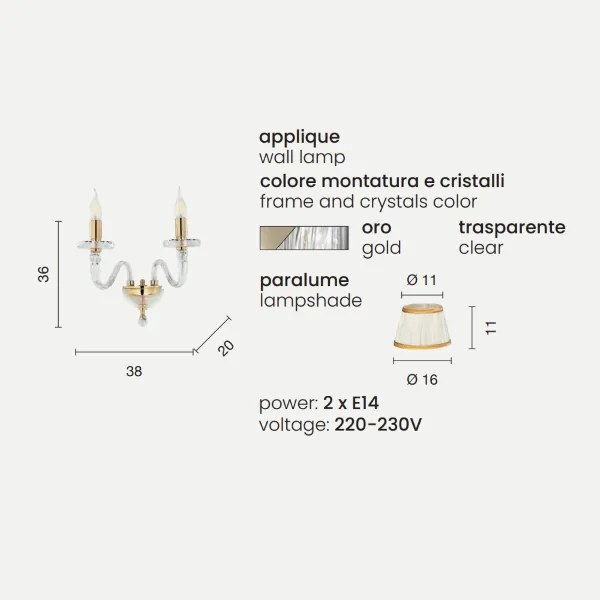 Lampada Applique da parete BACH con paralume in vetro trasparente 2 LUCI ORO