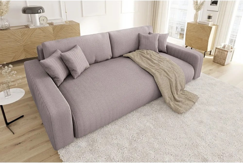 Divano rosa chiaro allungabile/con contenitore con rivestimento in velluto a coste 234 cm Sara – Ropez