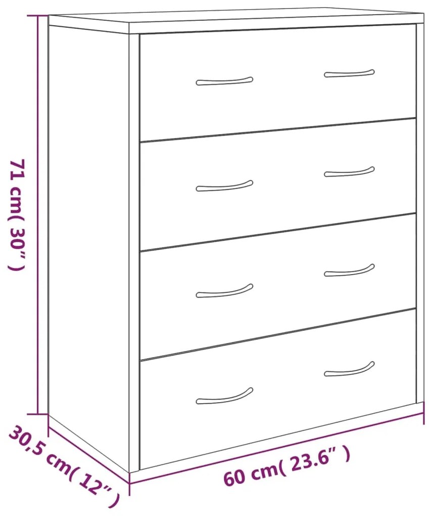 Credenza con 4 Cassetti 60x30,5x71 cm Rovere fumo