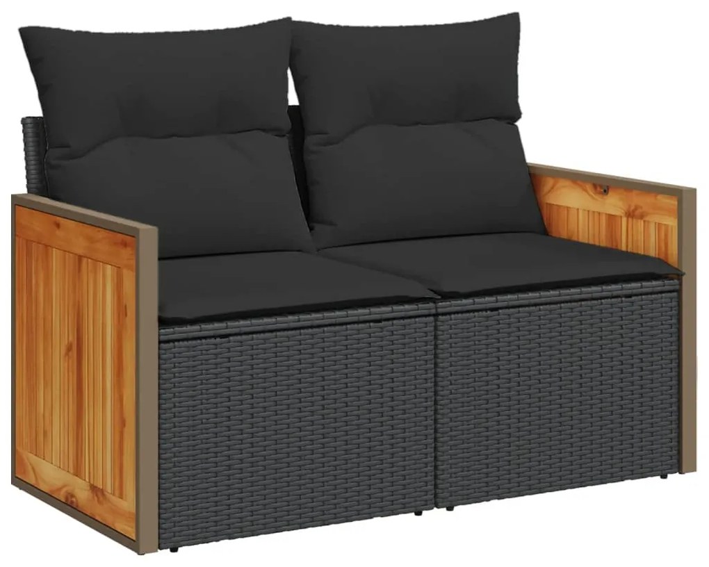 Set divani da giardino 9 pz con cuscini nero in polyrattan