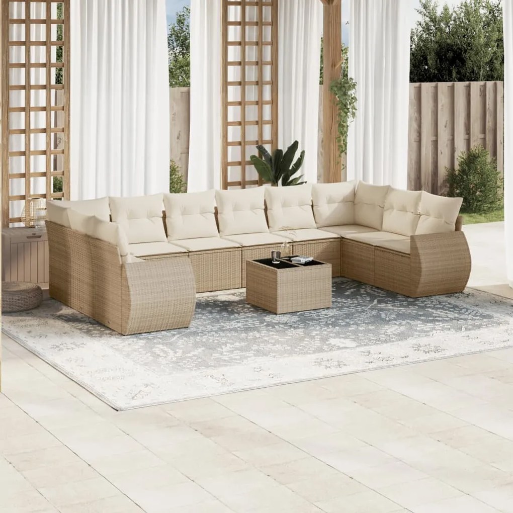 Set divani da giardino 11 pz con cuscini beige in polyrattan