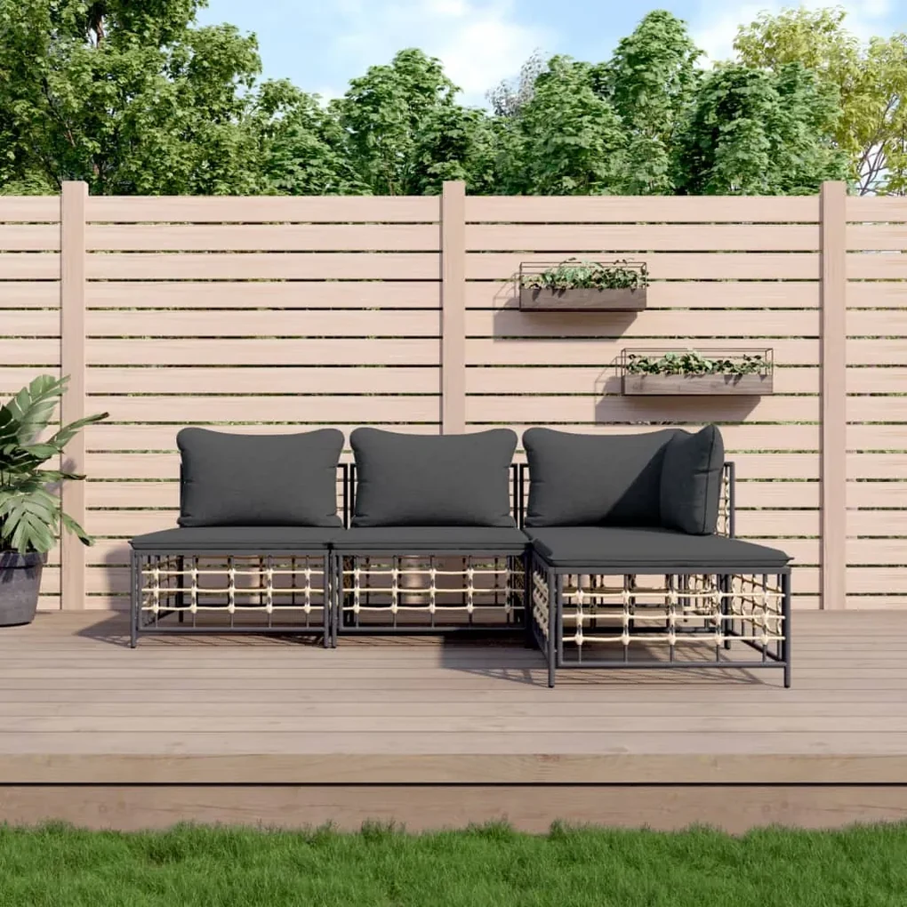 Set divani da giardino 4 pz con cuscini antracite in polyrattan