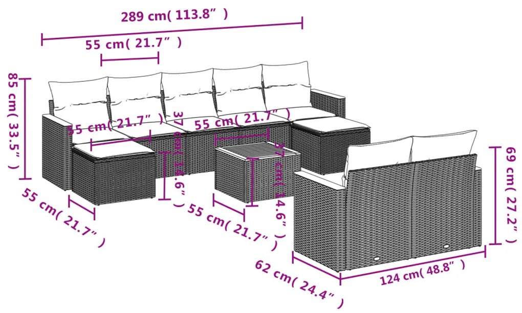 Set Divani da Giardino 10pz con Cuscini in Polyrattan Nero