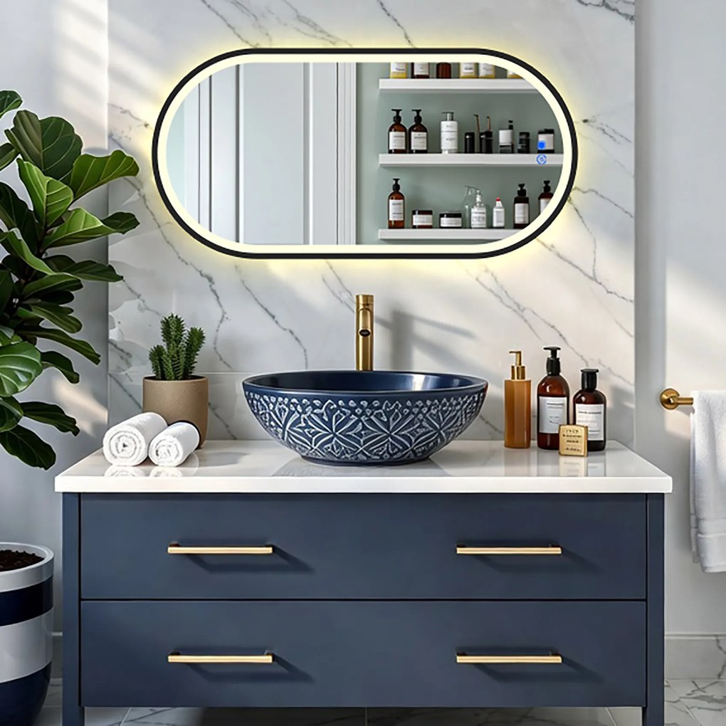 Specchio ovale con retroilluminazione LED con cornice in alluminio nero