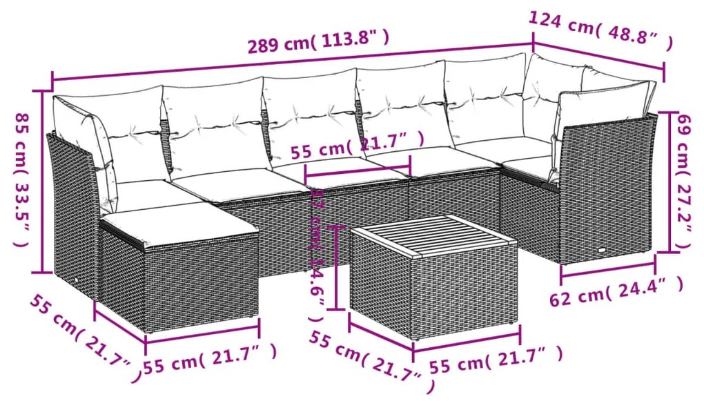 Set Divano da Giardino 8 pz con Cuscini Grigio in Polyrattan