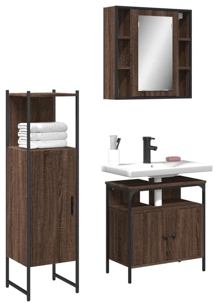 Set mobili da bagno 3 pz rovere marrone in legno multistrato