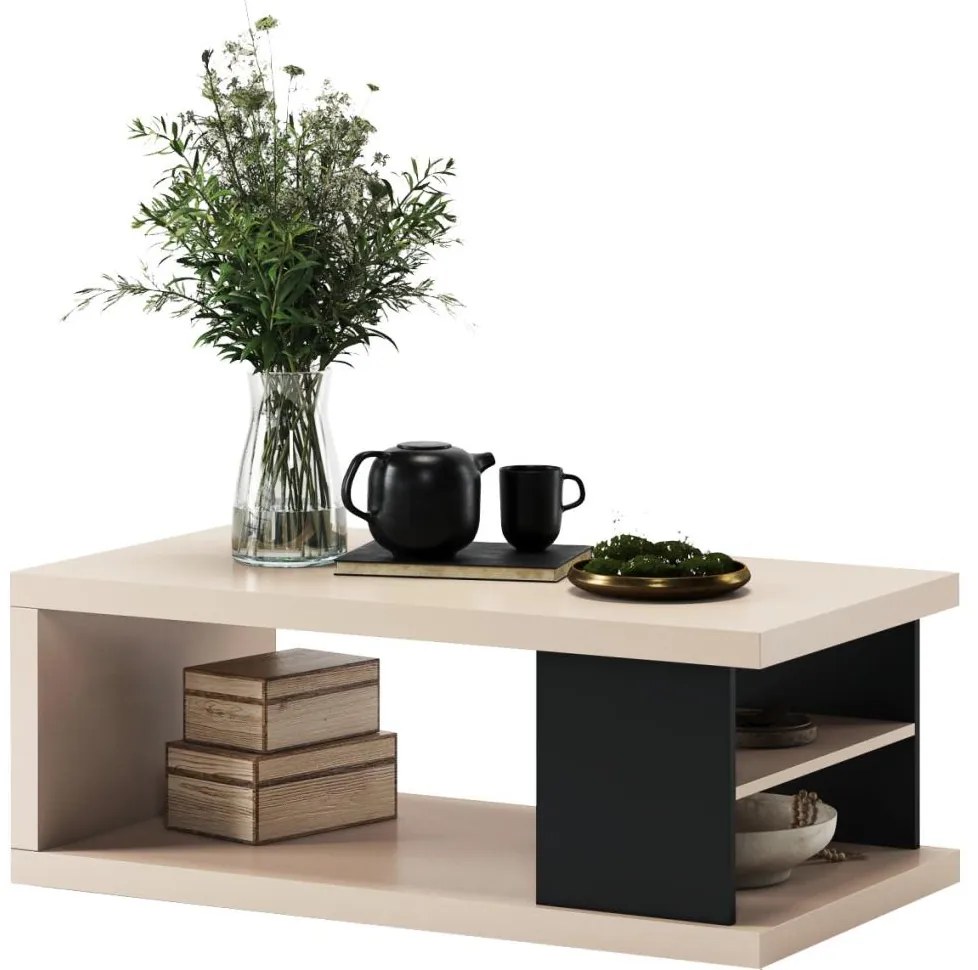 Tavolino da salotto con ripiano e vano contenitore LORA beige/nero