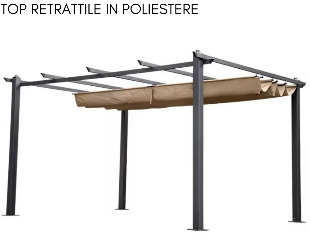 Pergola da Giardino 3x4 Telo in Poliestere Retrattile Écru 180 g/mq, Struttura in Acciaio per Esterno