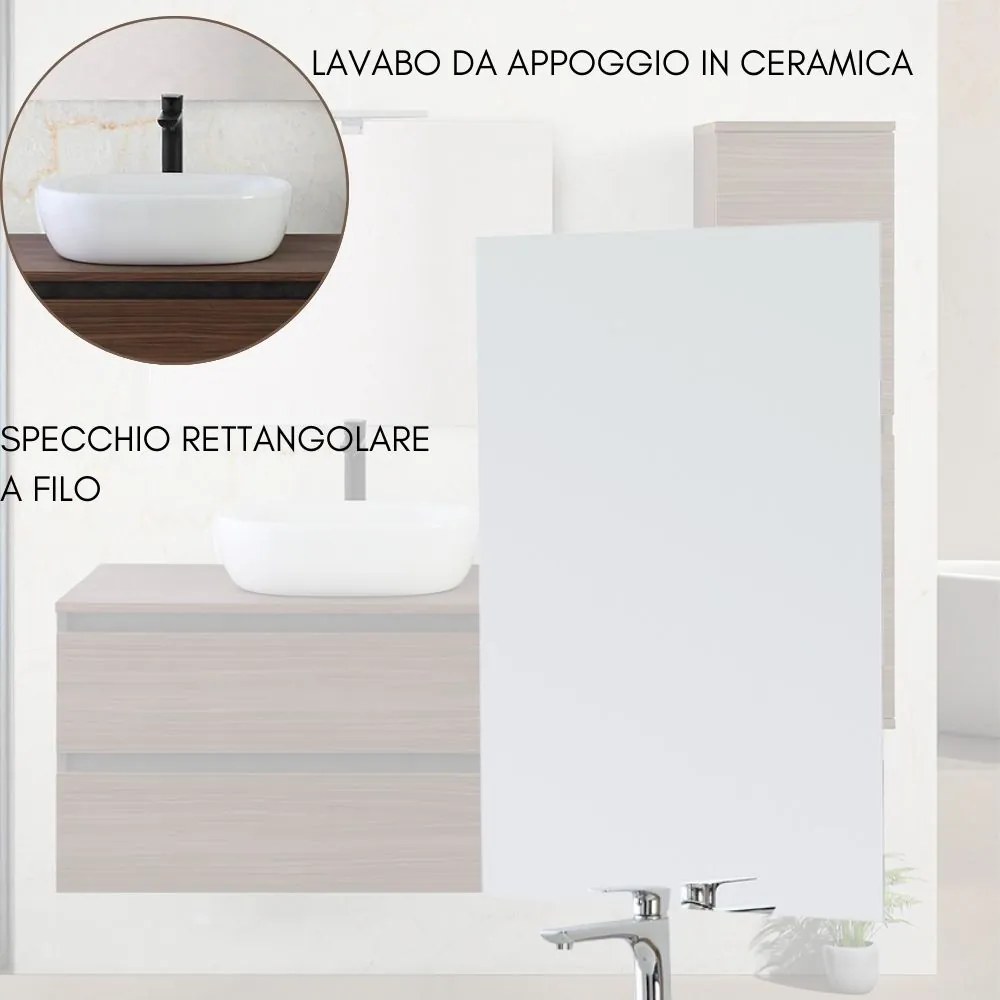 Mobile Bagno Sospeso con Lavabo da Appoggio e Specchio 2 Cassetti Salvaspazio in Legno cm 100 – Noce Canaletto