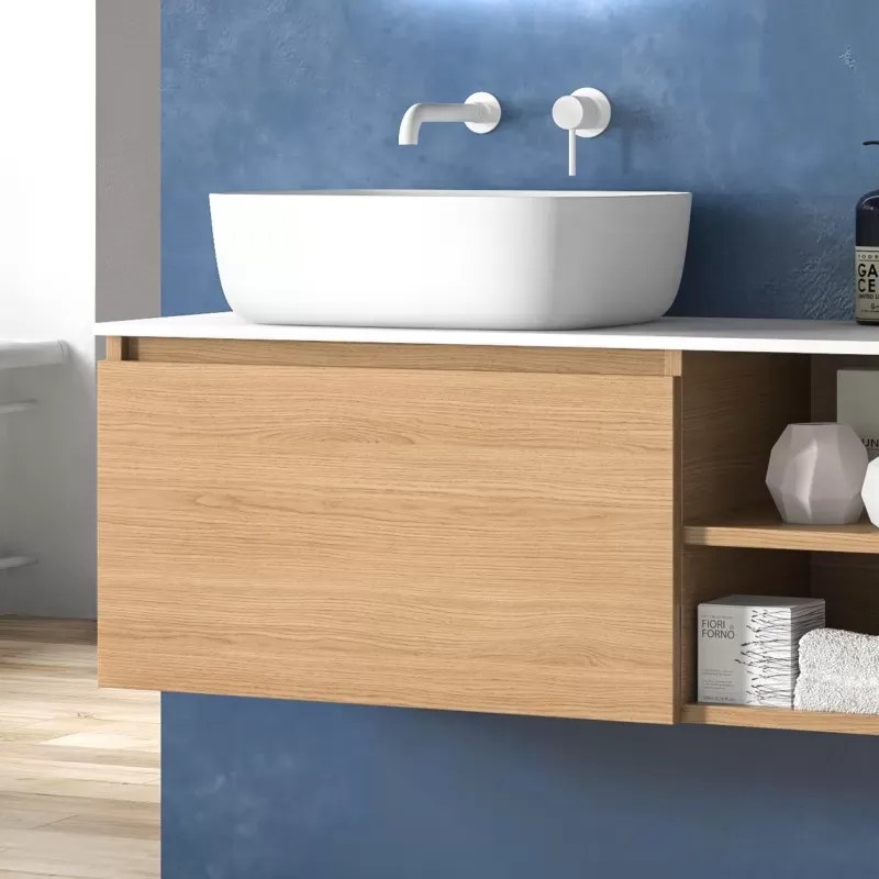 Mobile bagno sospeso 175 cm con piano bianco due cassetti e vano a giorno SP-175SS - KAMALU