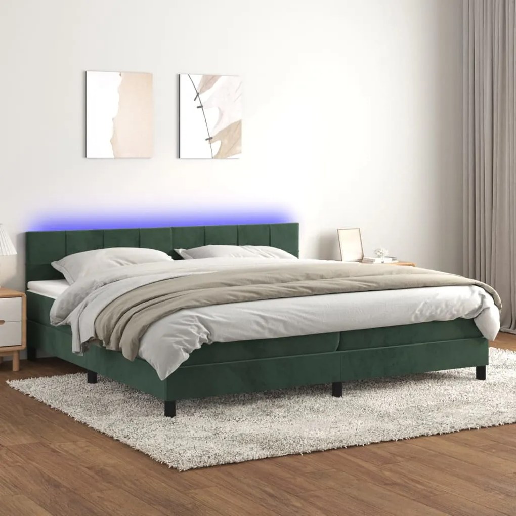 Letto a Molle con Materasso e LED Verde Scuro 200x200cm Velluto