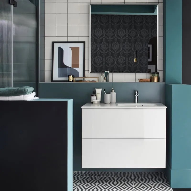 Mobile da bagno sospeso sotto lavabo L 90 x H 64 x P 35 cm bianco laccato lucido, 2 cassetti SENSEA Neo Frame