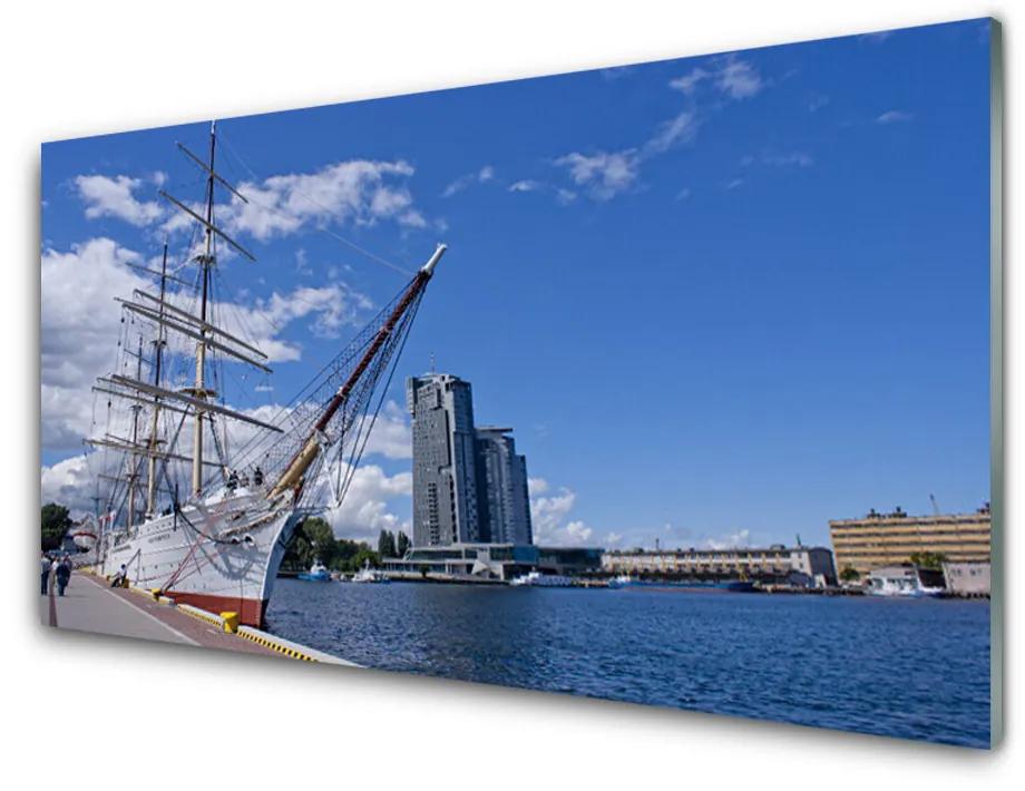 Quadro di vetro Barca Paesaggio della città di mare 100x50 cm