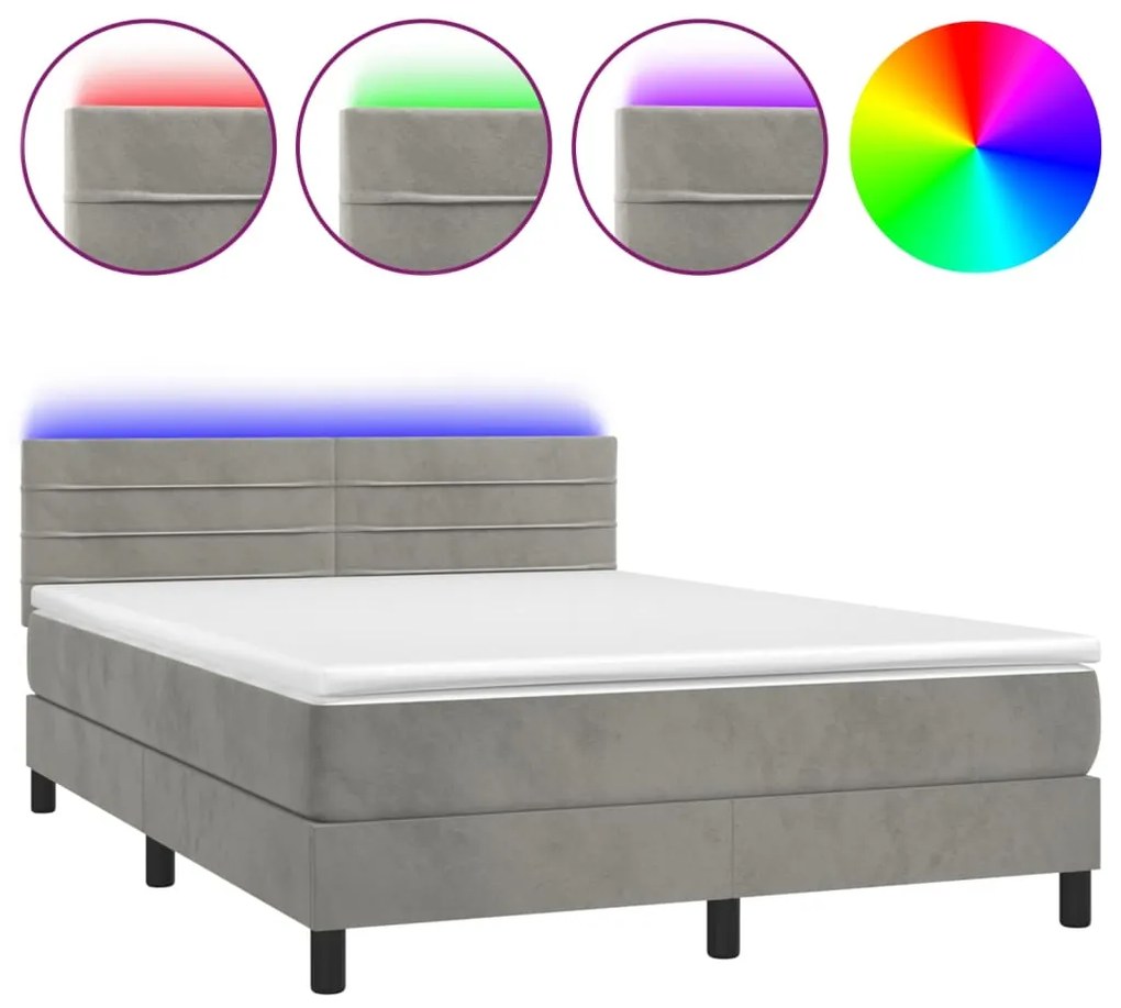 Letto a Molle Materasso e LED Grigio Chiaro 140x190 cm Velluto