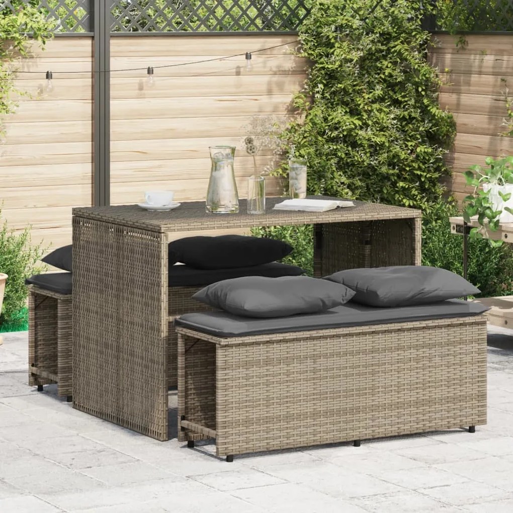 Set da pranzo da giardino 3 pz con cuscini in polyrattan grigio