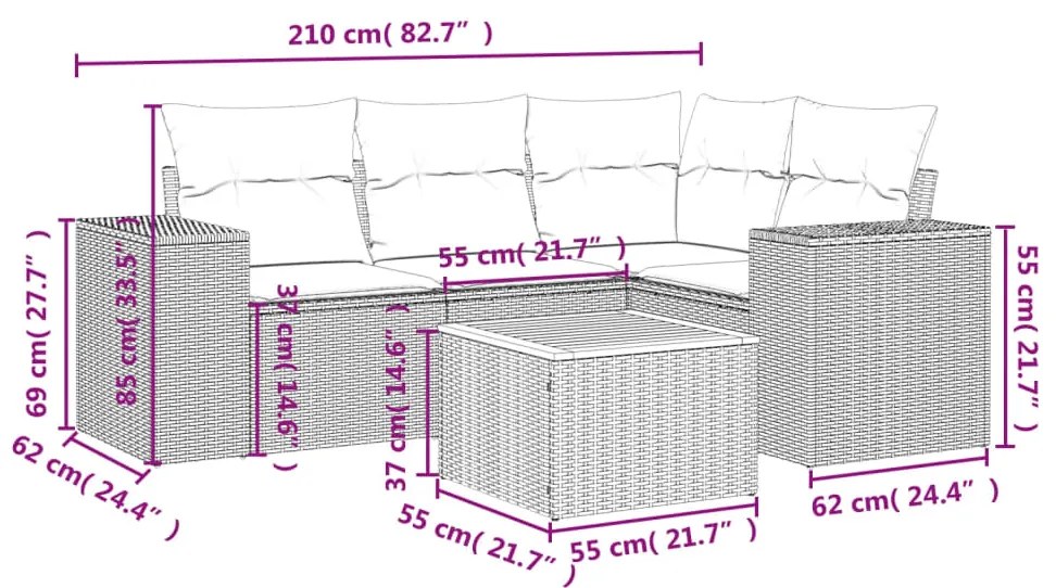 Set Divano da Giardino 5 pz con Cuscini Grigio in Polyrattan