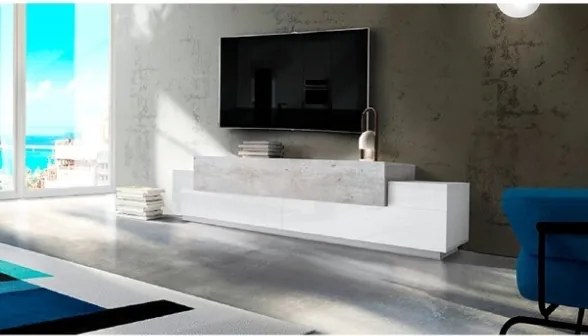 Mobile Porta TV 240 Cm Con 3 Ante A Ribalta Bianco Lucido E Cemento Corona