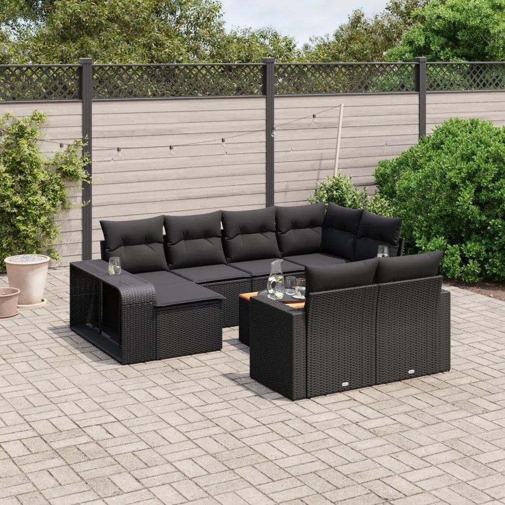 Set divani da giardino 11 pz con cuscini in polyrattan nero