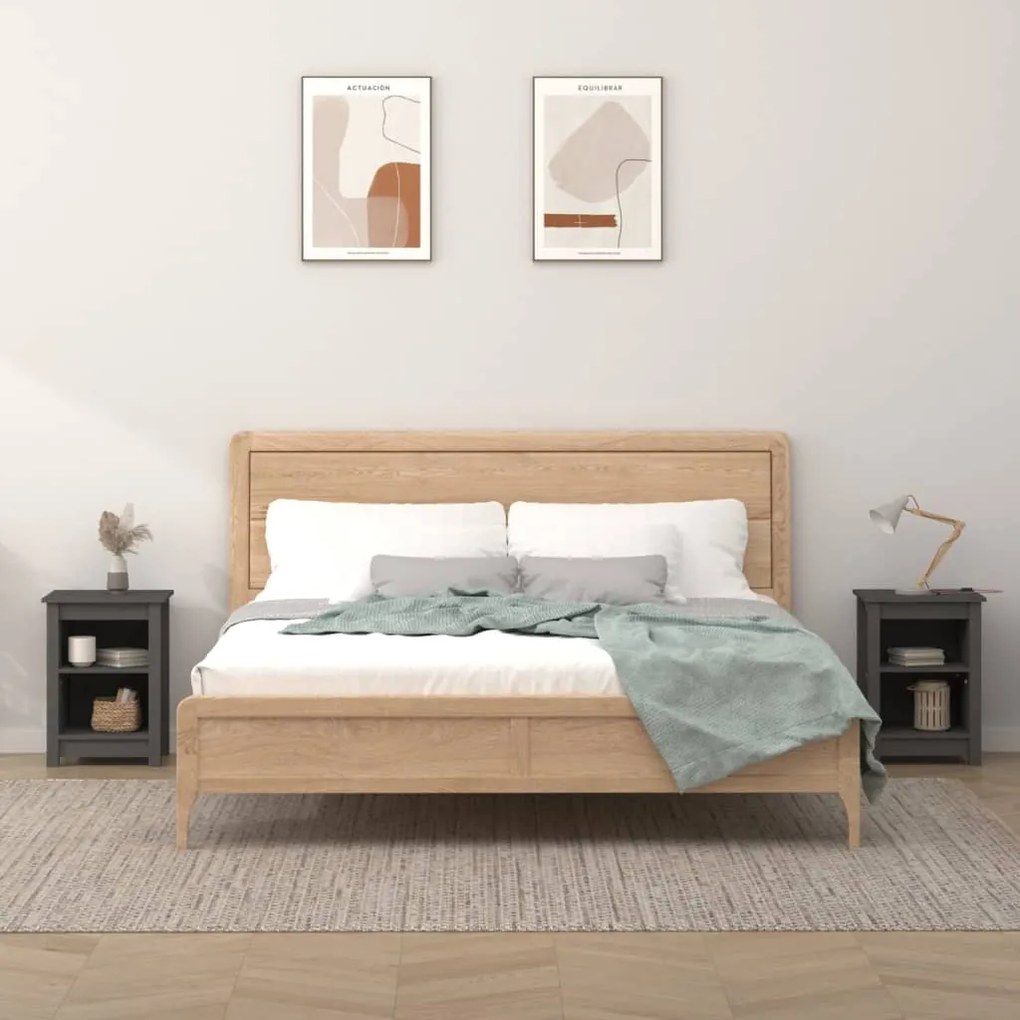 Comodini 2 Pz Grigi 40x35x55 Cm İn Legno Massello Di Pino /