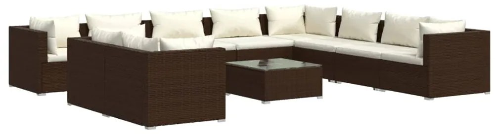 Set Divani da Giardino 11 pz con Cuscini in Polyrattan Marrone