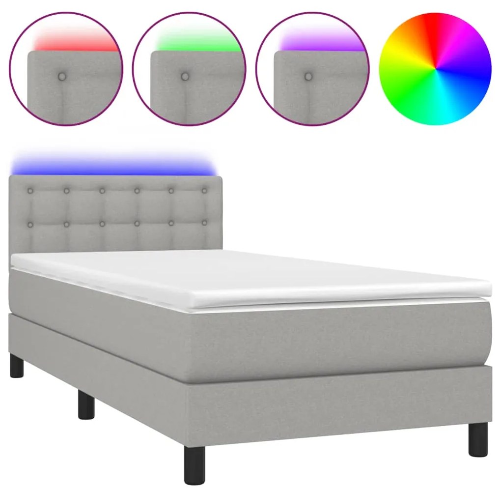 Letto a molle materasso e led grigio chiaro 100x200 cm tessuto