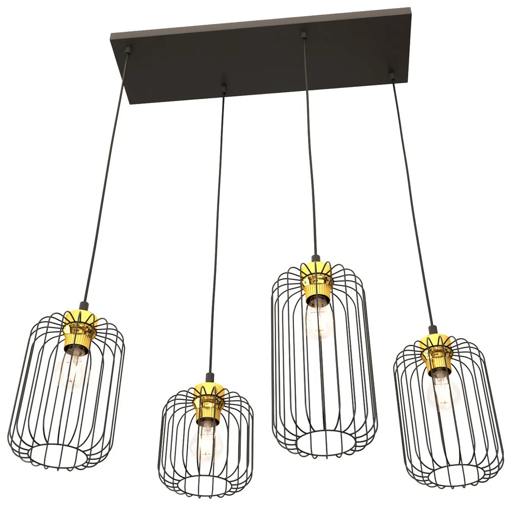 Sospensione Minimal Industrial Minerva 4 Luci Lineari Nera E Oro