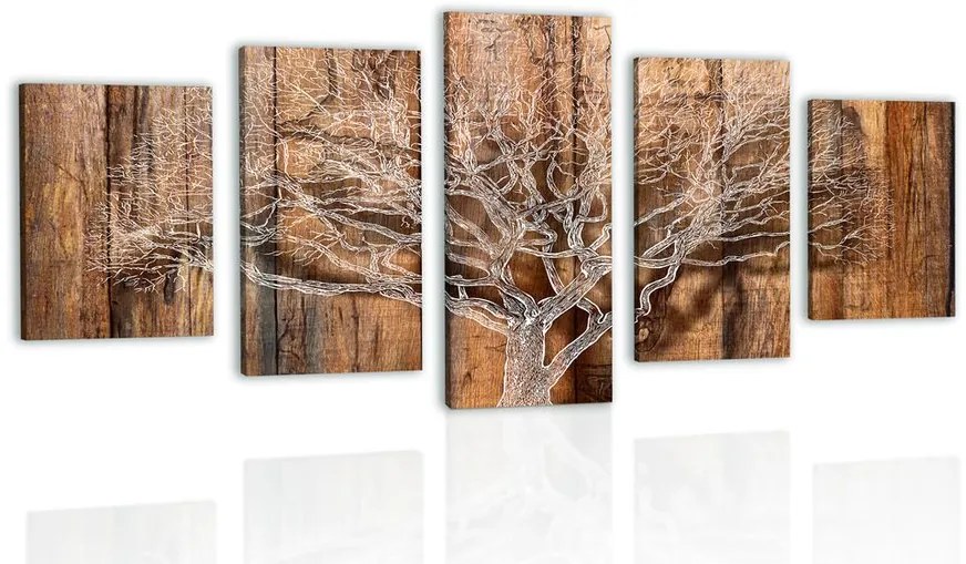 Quadri 5 pezzi – Albero con imitazione di sfondo in legno