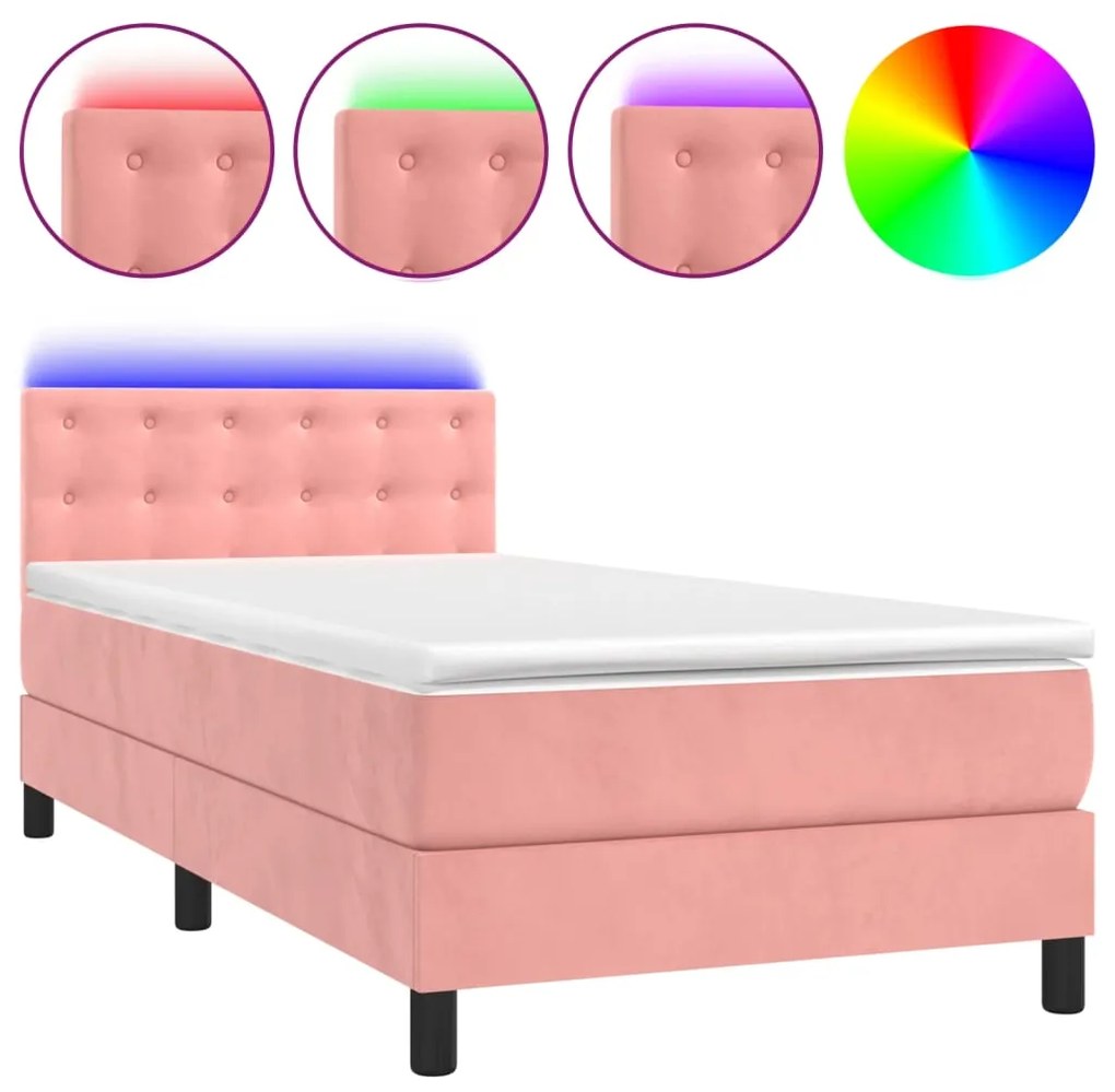 Letto a molle con materasso e led rosa 100x200 cm in velluto