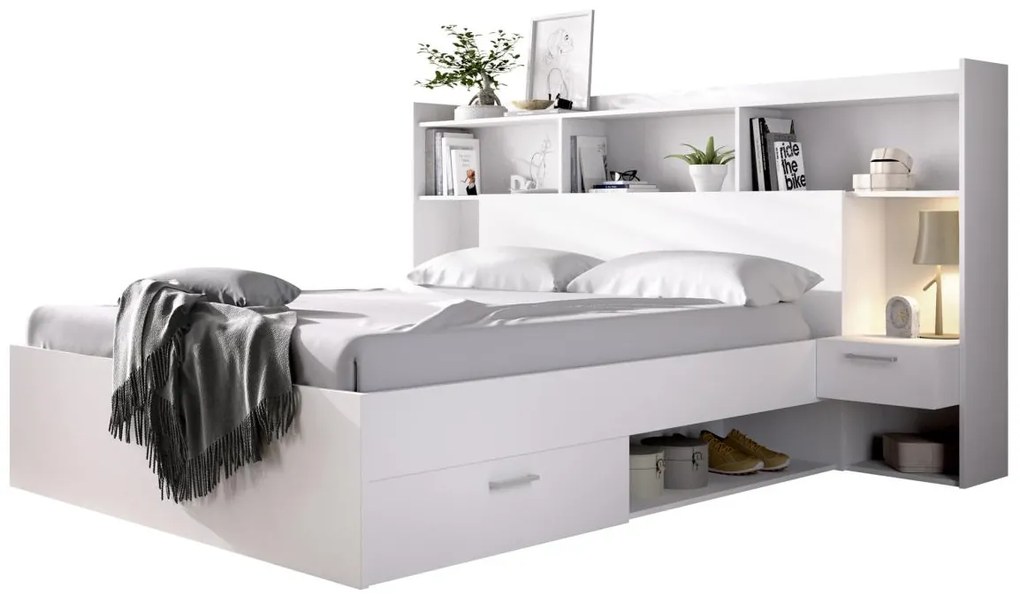 Letto con scomparti portaoggetti e comodini integrati 140 x 190 cm Bianco - KEVIN