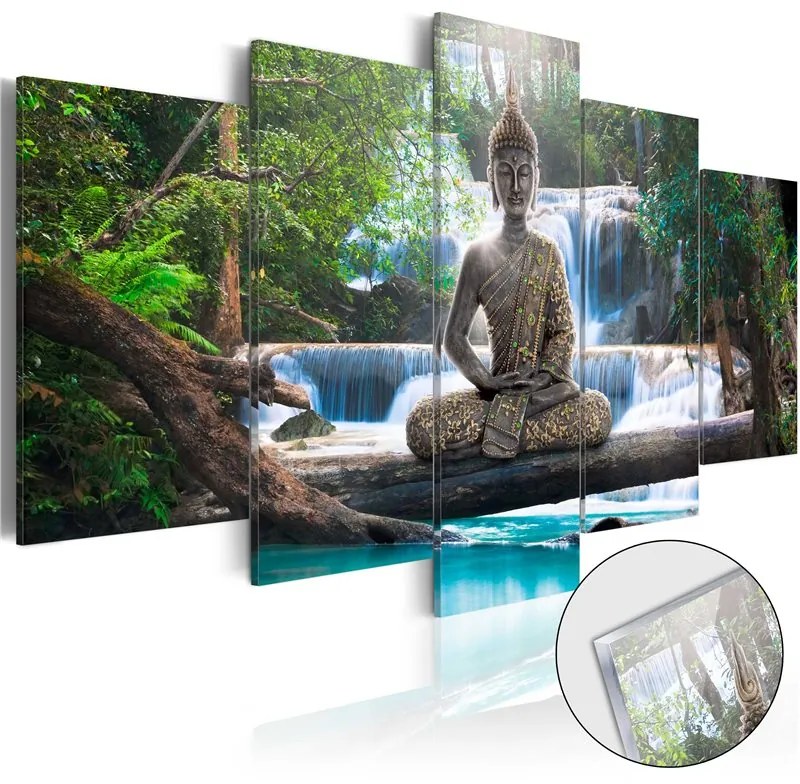 Quadri su vetro acrilico  Buddha and Waterfall [Glass]  Colore Verde, Dimensioni e Misure 100x50