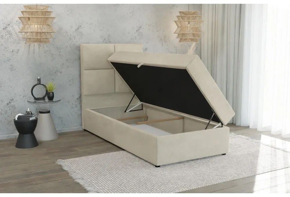 Letto singolo imbottito beige con contenitore con griglia 100x200 cm Lena - Ropez