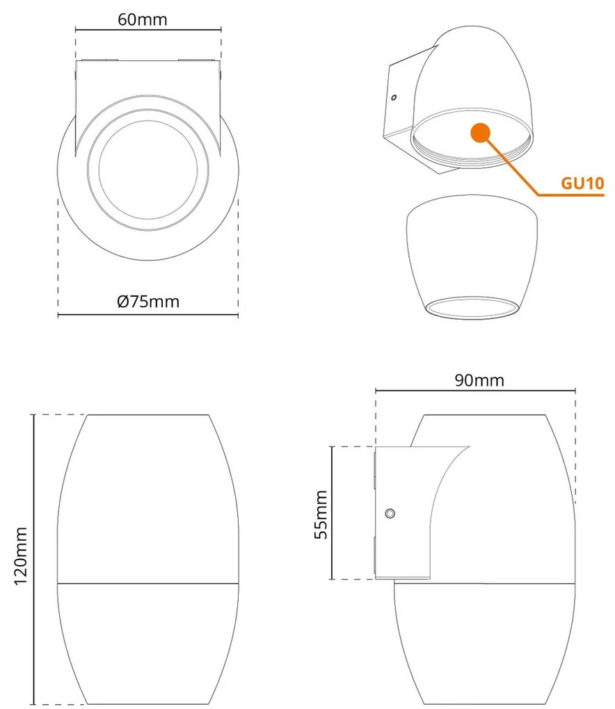 Applique Ovale Monodirezionale IP65 GU10 per esterni - Grigia