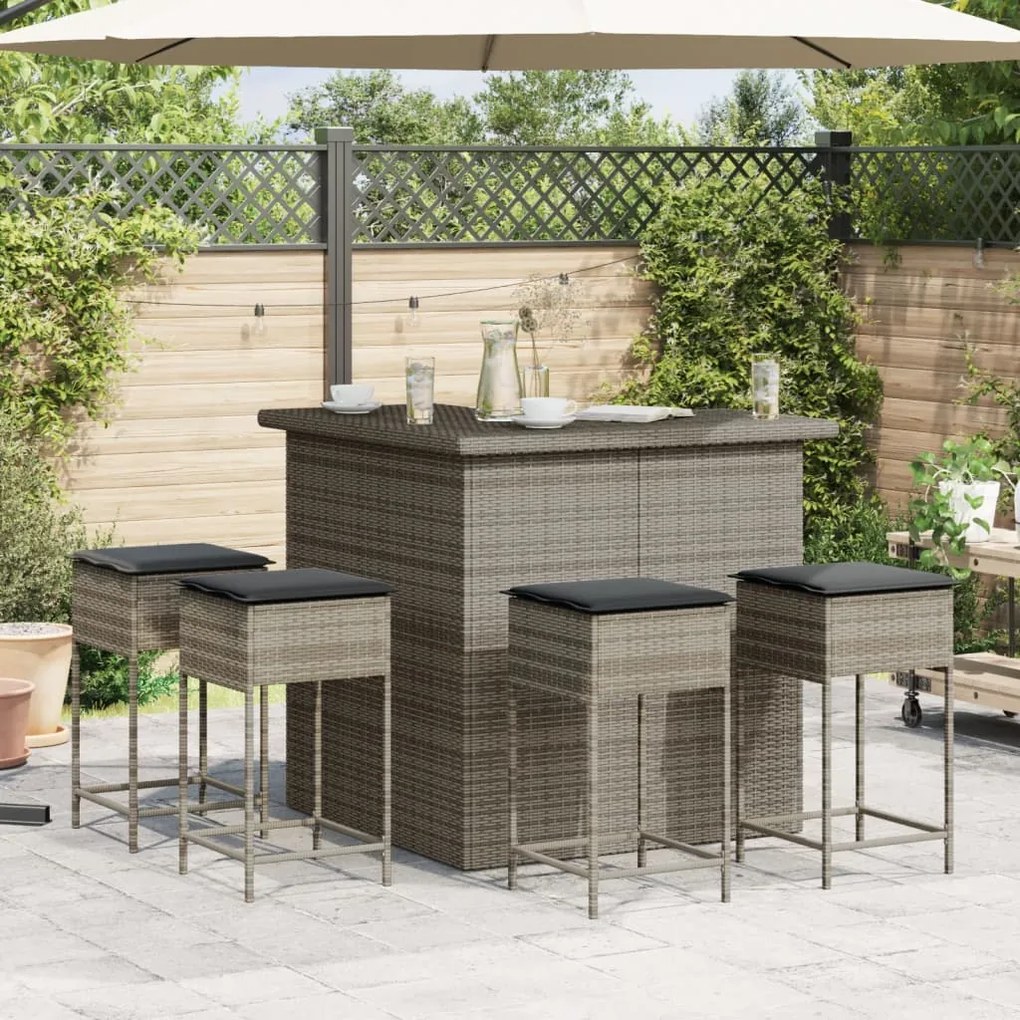 Set bar da giardino 5 pz con cuscini in polyrattan grigio