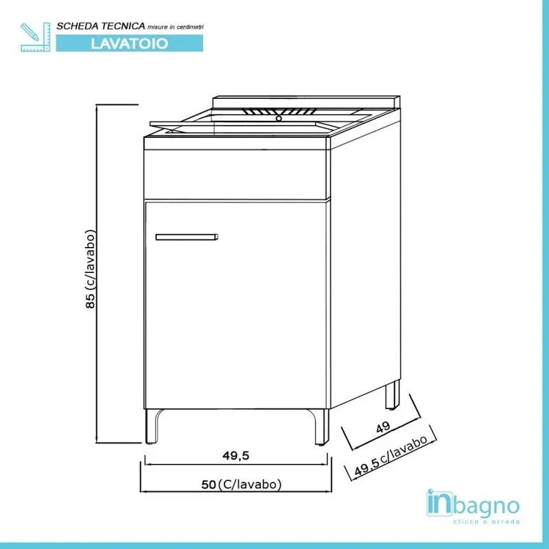 Mobile lavatoio grigio 50x50 cm vasca in resina e asse lavapanni Desya