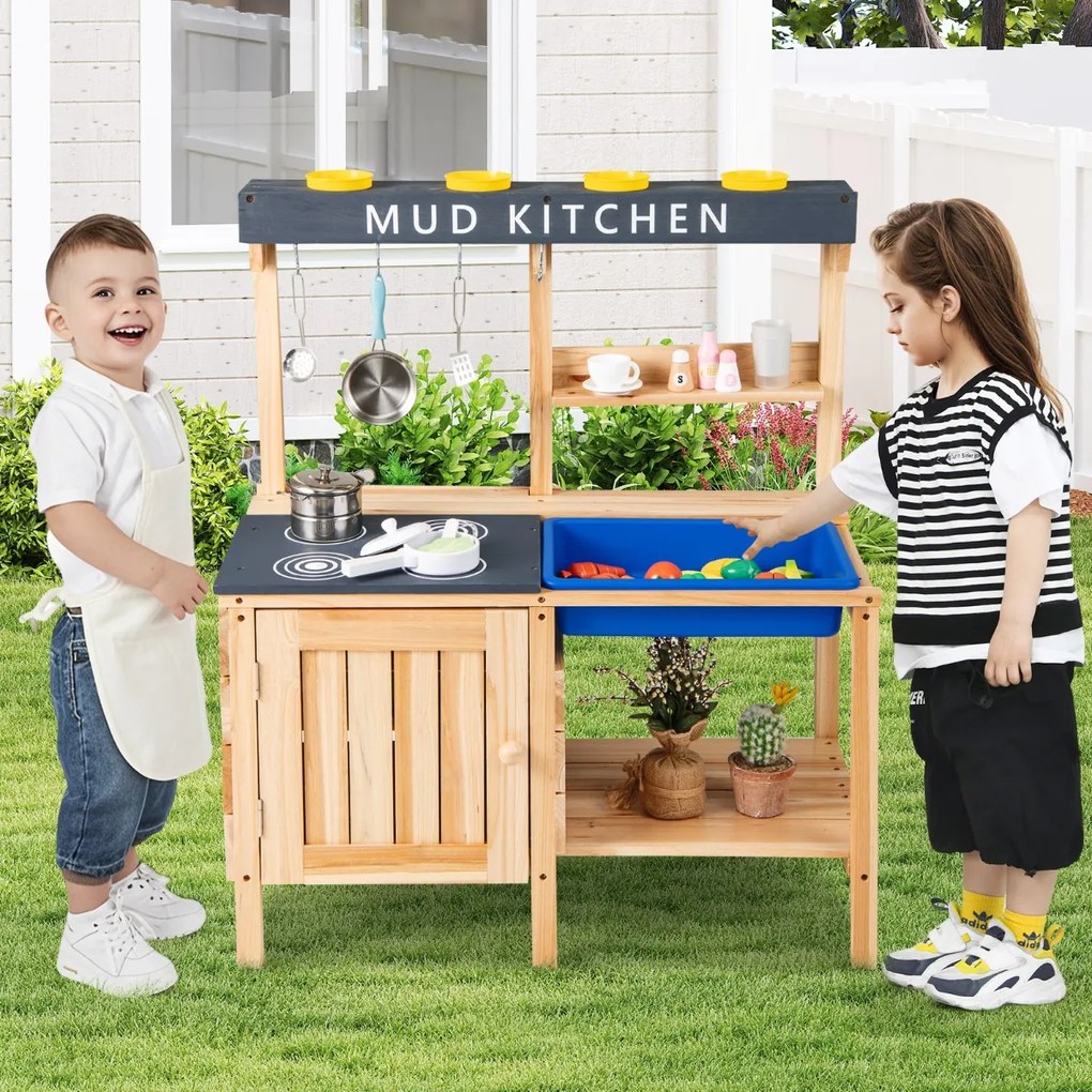Costway Cucina da esterno per bambini da 3 a 8 anni 2 ripiani di stoccaggio, Cucina giocattolo in legno con lavello removibile Naturale