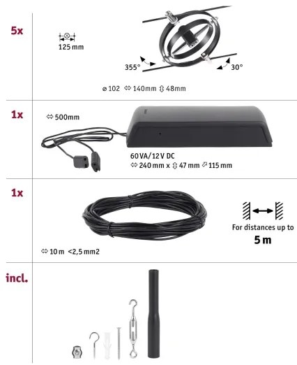 Paulmann 94440 - KIT 5xGU5,3/10W, sistema completo a cavo CARDAN 230V, nero