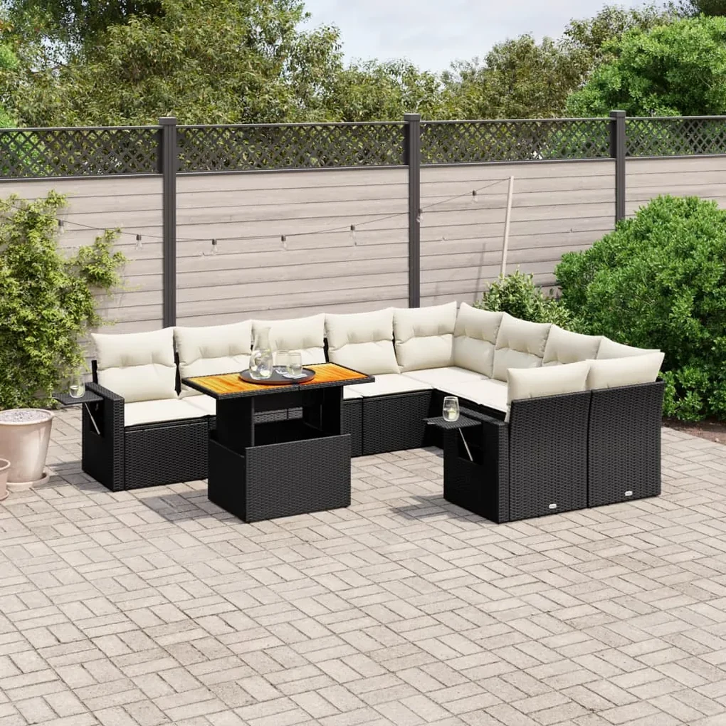 Set divani da giardino 10pz con cuscini in polyrattan nero