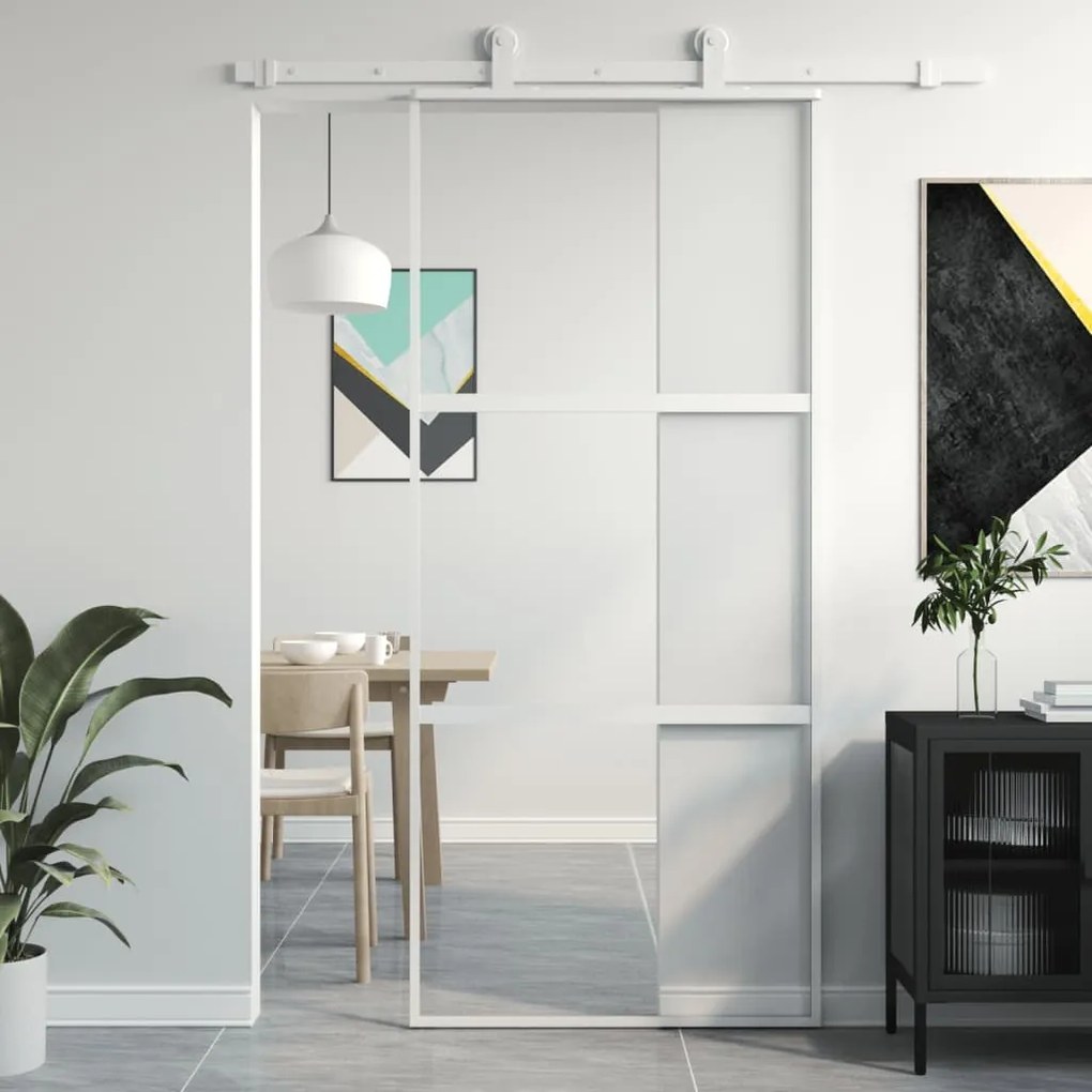 Porta Scorrevole Bianca 90x205 Cm Vetro Temperato E Alluminio /
