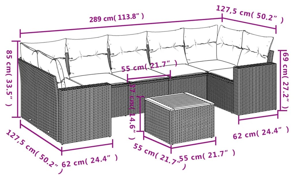 Set Divani da Giardino con Cuscini 8 pz Nero in Polyrattan