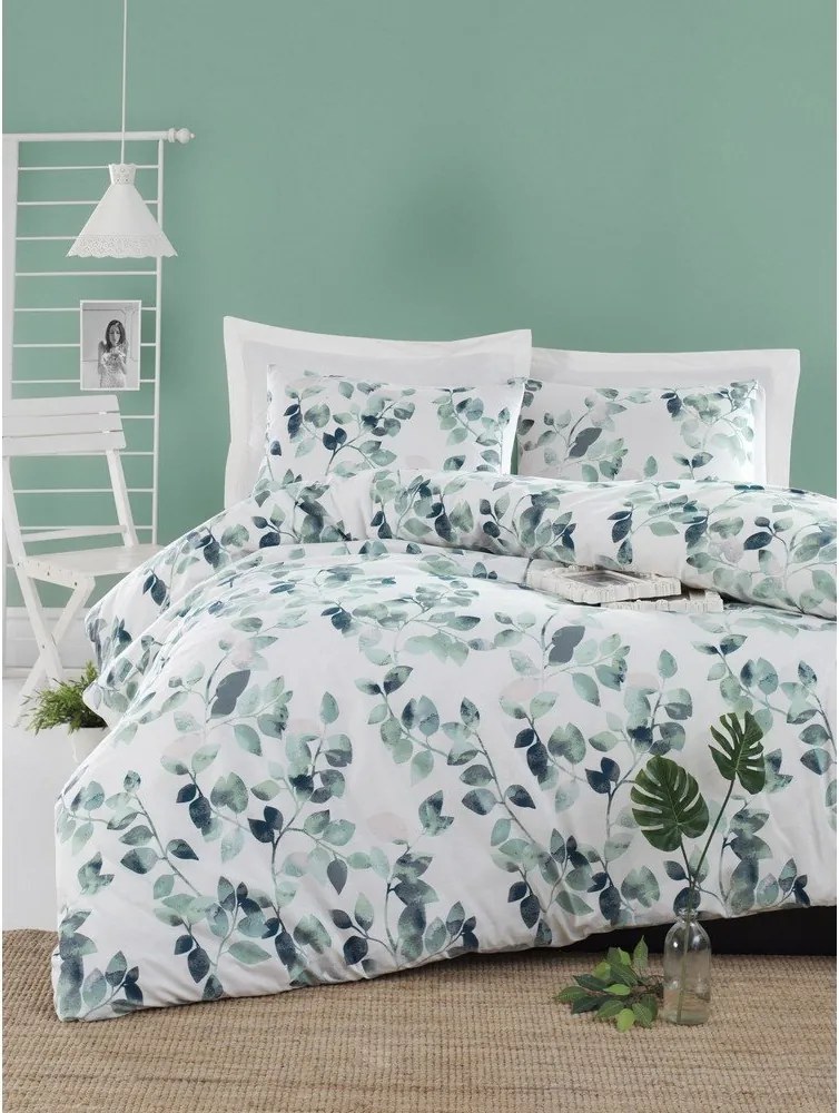 Set copripiumino e federa bianco/verde per letto matrimoniale 200x200 cm Sabine – Mijolnir