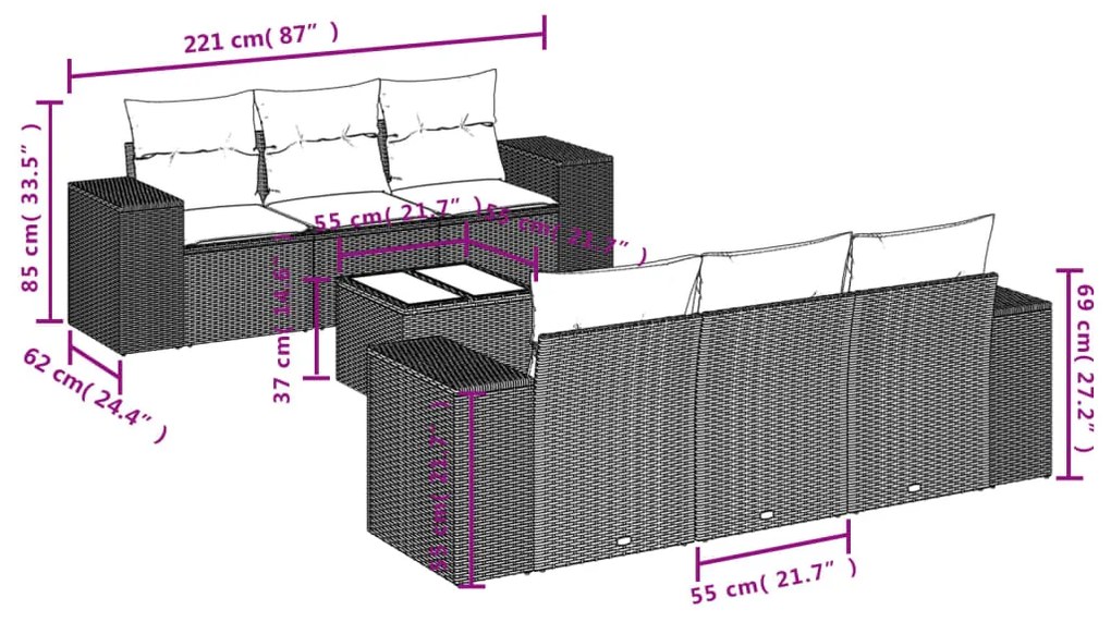 Set Divani da Giardino 7 pz con Cuscini Grigio in Polyrattan