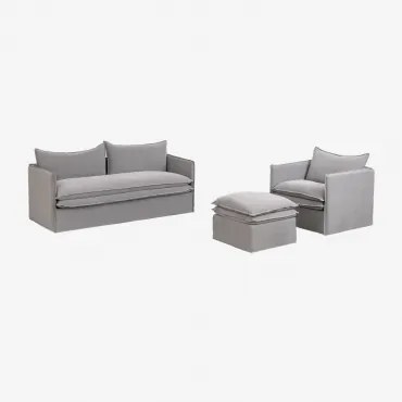 Set Da Soggiorno Grace In Lino E Cotone Con Divano 3 Posti, Poltrona E Pouf Tessuto Grigio Scuro - Sklum