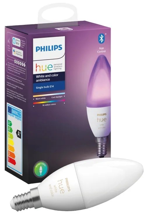 Lampadina HUE COLOR BLUETOOTH, LED, E14 oliva, opaco, luce cct e rgb, 5.3W= 470LM (equiv 40 W), 150° dimmerabile, PHILIPS HUE