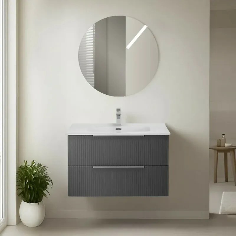 Mobile bagno sospeso 80 cm bicolore grigio cannettato e nero con lavabo e specchio tondo Zena