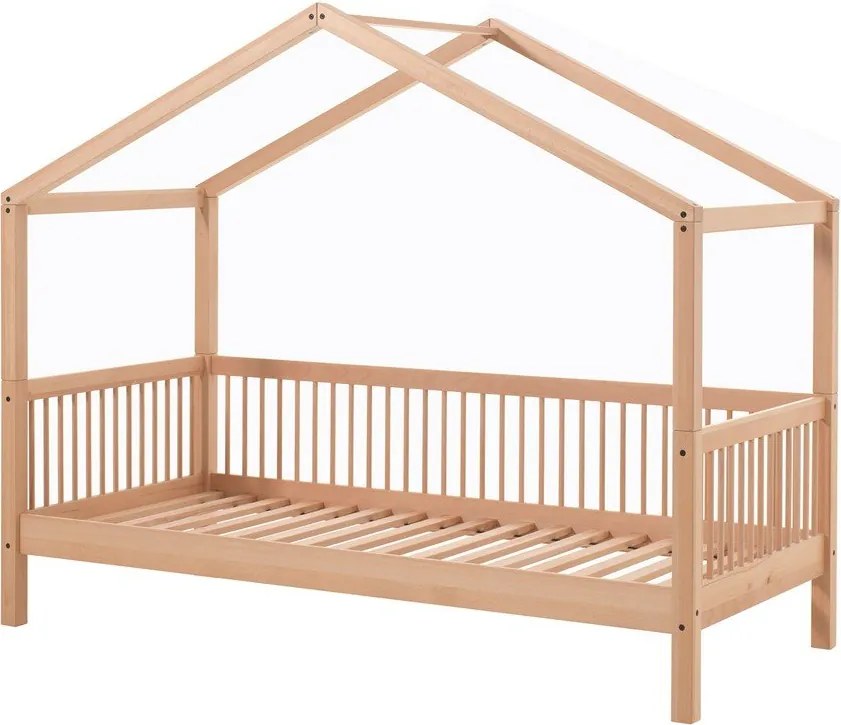 Letto da bambini a forma di casa di colore naturale in faggio massiccio con rete inclusa 90x200 cm Forrest – Vipack