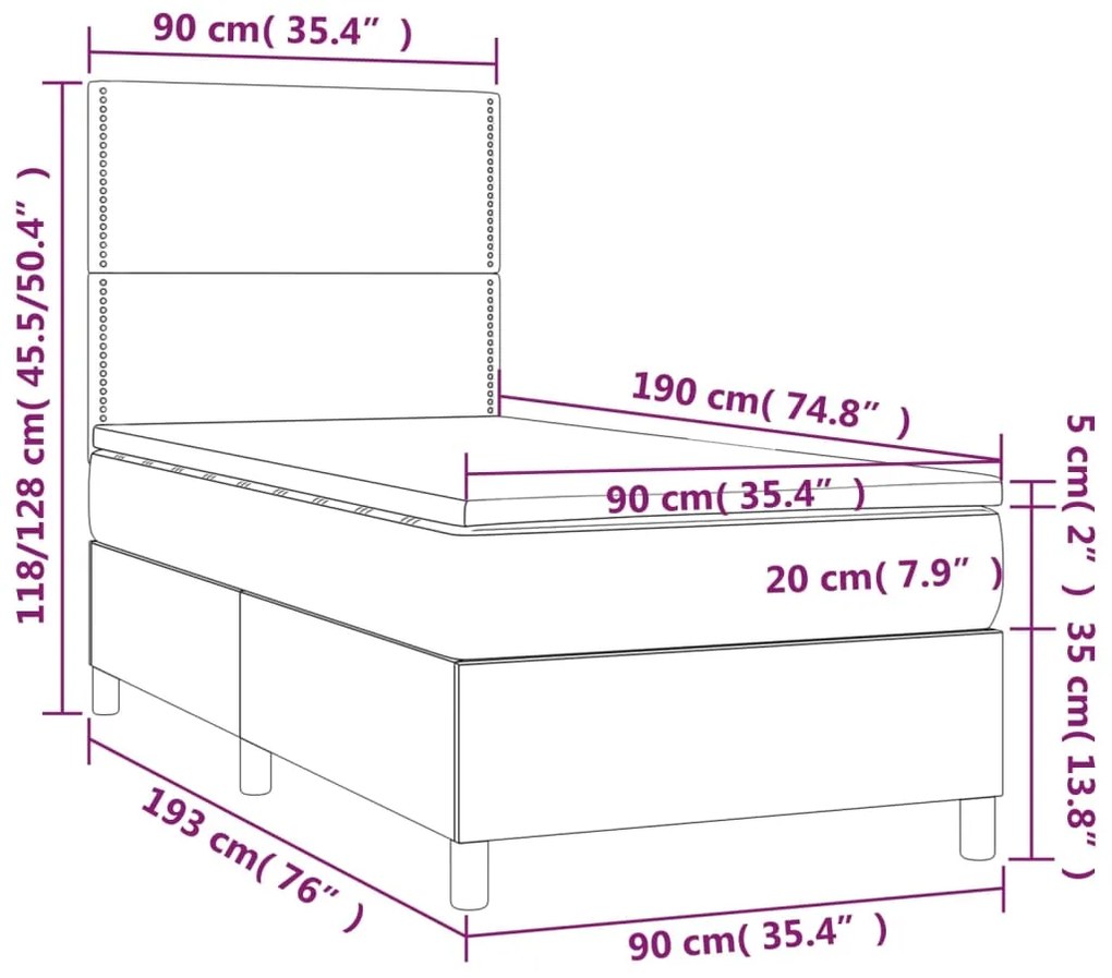 Letto a Molle Materasso e LED Grigio Scuro 90x190 cm in Tessuto