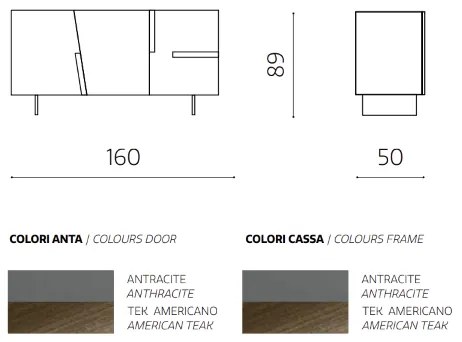 Madia a 3 ante 160 cm con scocca Antracite e inserti Teak GIRONA con 2 piedini