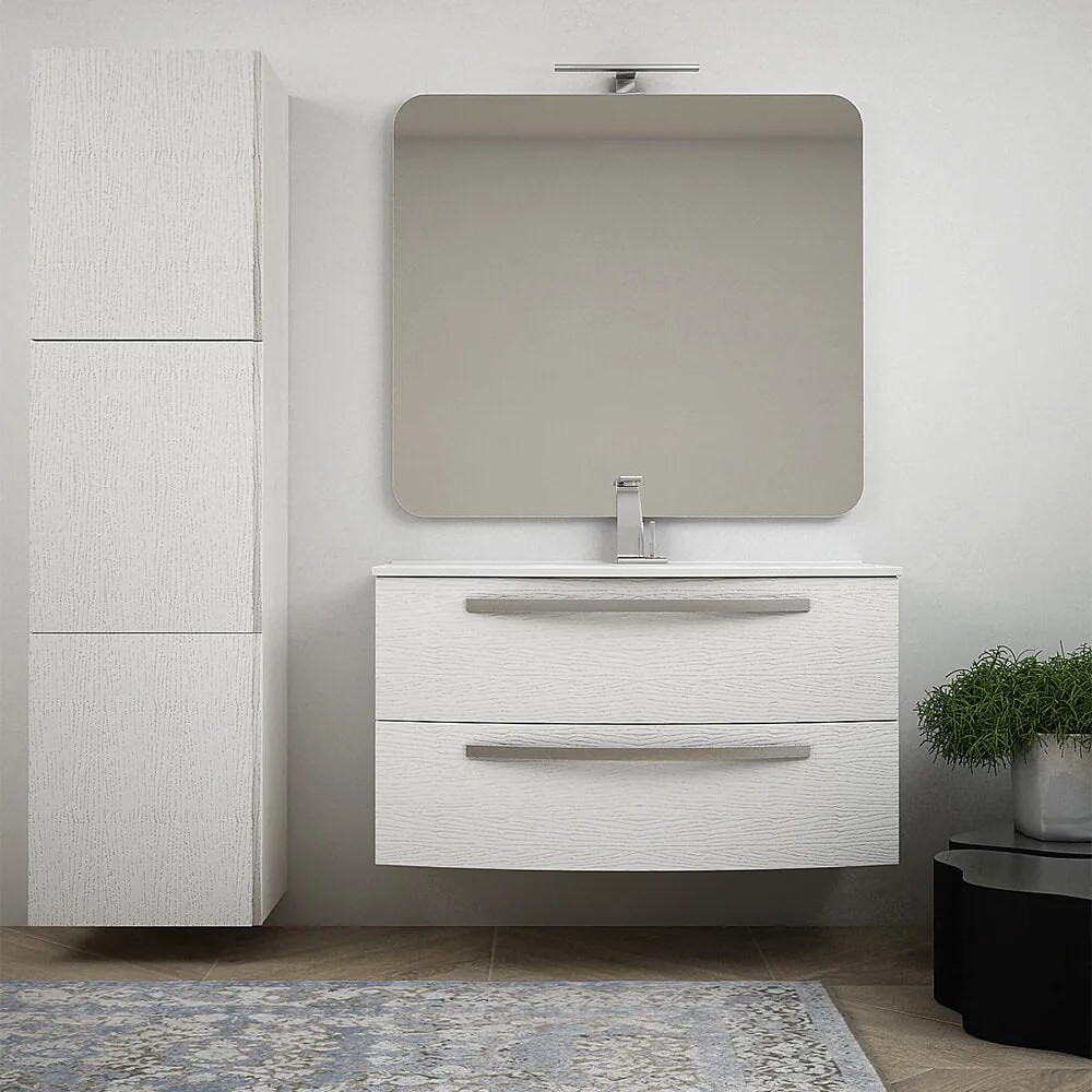 Mobile per bagno bianco frassino 100 cm sospeso design curvo Mod. Berlino con specchio filo lucido e colonna da 170 cm