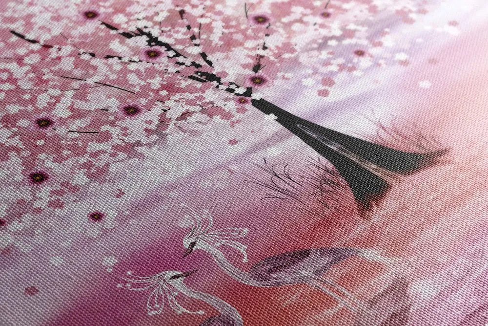 Stampa su tela – Aironi sotto un albero magico in versione rosa